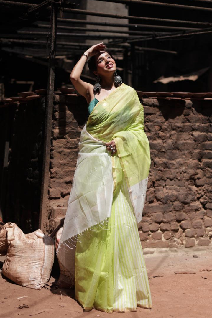 Lime Glow ā Chanderi Cotton Silk Saree with Stripes in Lemon Yellow - Kozylook